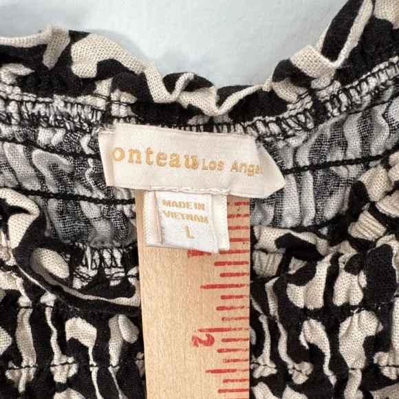 Monteau Cropped Smocked‎ Top Women's Large Black Balloon Sleeves White Motifs - Picture 3 of 6